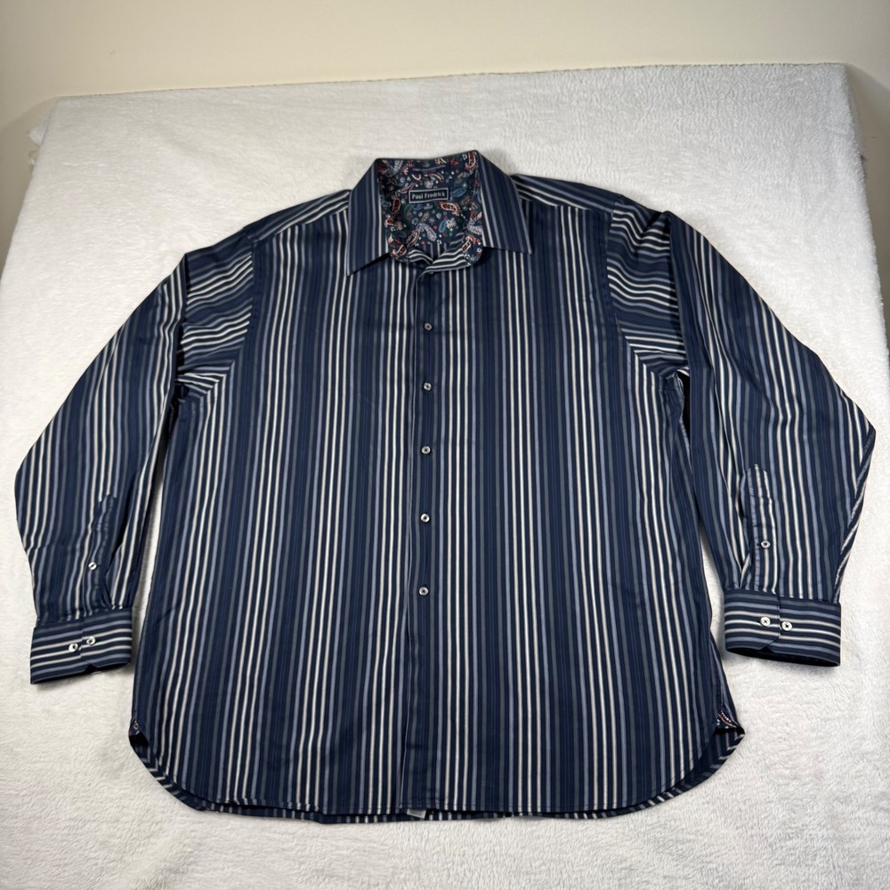 Paul Fredrick Button Down Shirt Mens XL Navy Blue Striped Classic Fit Cotton